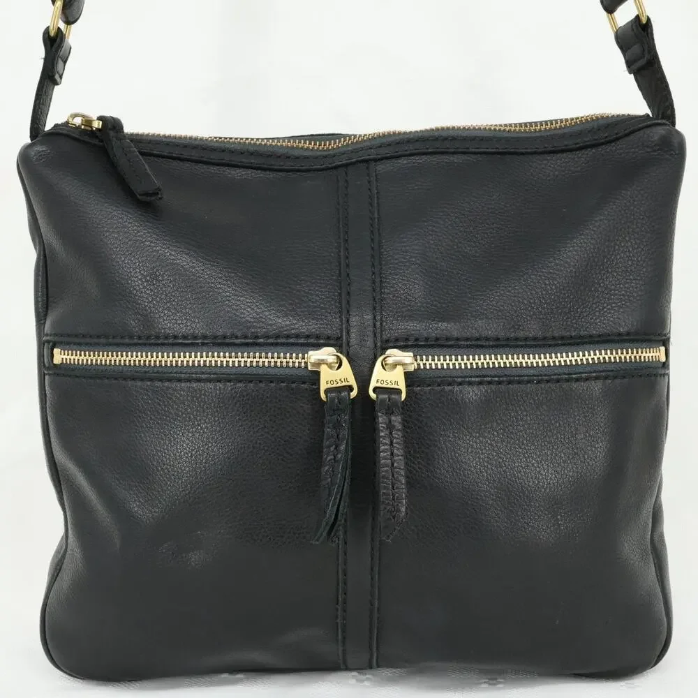 Fossil Leather Handbag Womens Black Crossbody Bag Zipper Pockets Preppy Academia